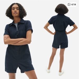 Everlane The Cotton Weave Romper Short Sleeve Pockets Navy Blue Size 4